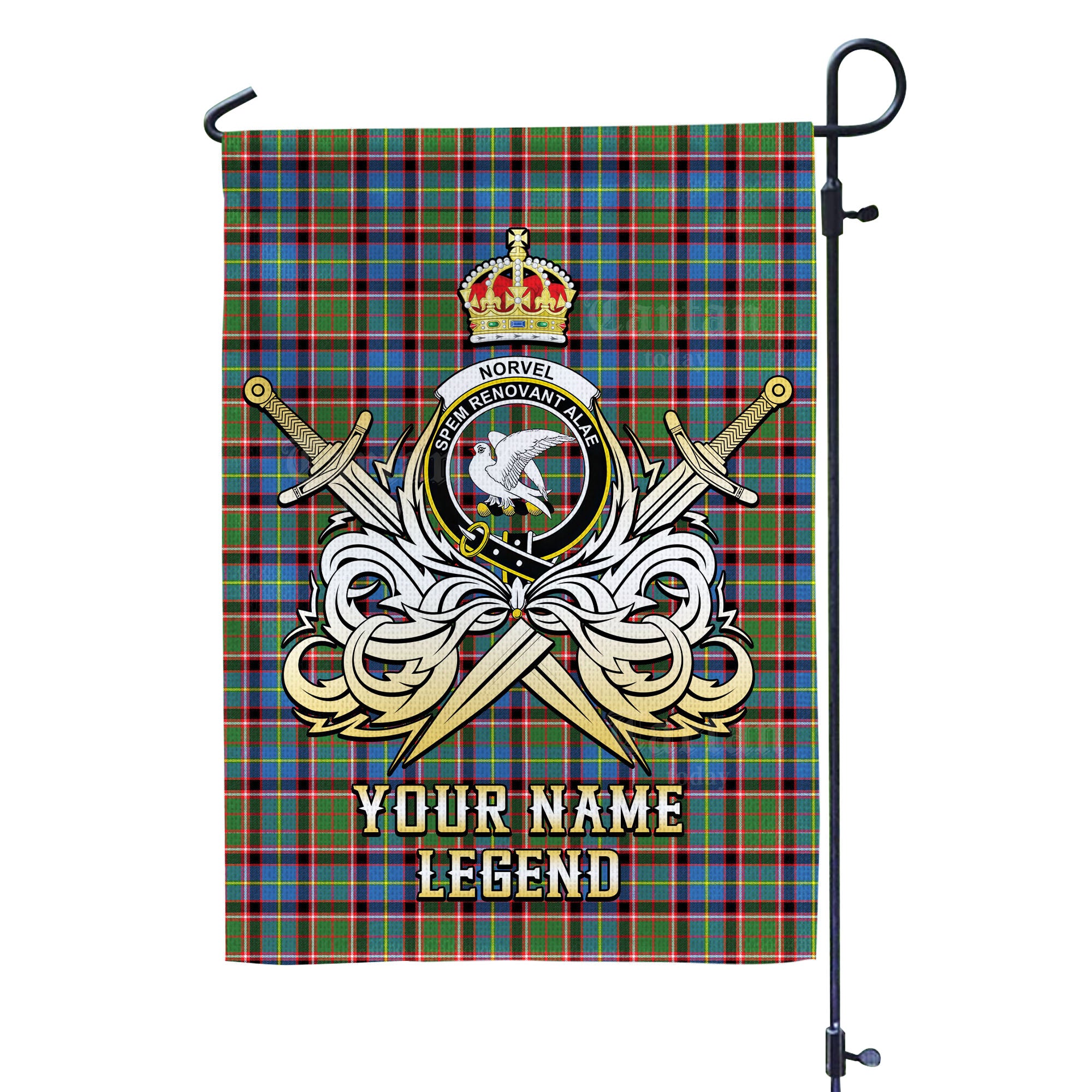 Custom Name Clan Norvel (Stirling) Tartan Garden Flag with Clan Crest and the Golden Sword of Courageous Legacy SB35