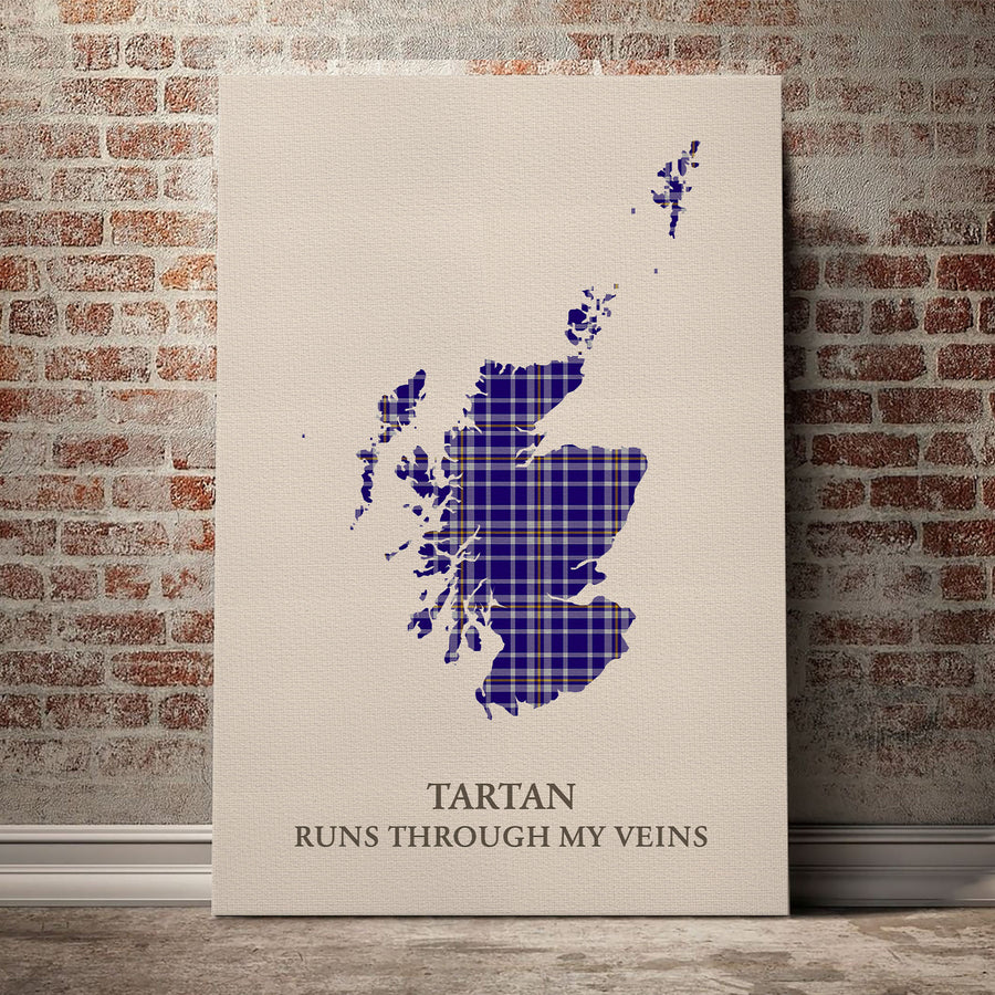 Ochterlony Tartan Scotland Map Canvas – “Tartan Runs Through My Veins” Wall Art