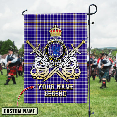 Custom Name Clan Ochterlony Tartan Garden Flag with Clan Crest and the Golden Sword of Courageous Legacy