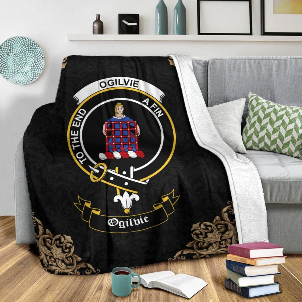 Clan Ogilvie Crest Tartan Premium Blanket Black CX70 Clan Ogilvie Tartan Today   