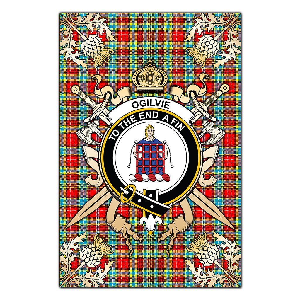 Clan Ogilvie Tartan Crest Black Garden Flag  - Gold Thistle  ZA86 Clan Ogilvie Tartan Today   