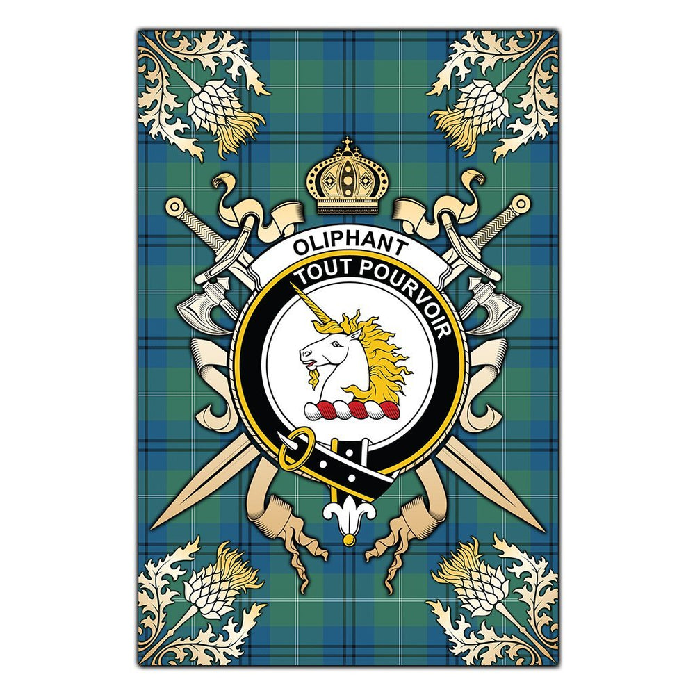 Clan Oliphant Ancient Tartan Crest Black Garden Flag  - Gold Thistle  GO91 Clan Oliphant Tartan Today   