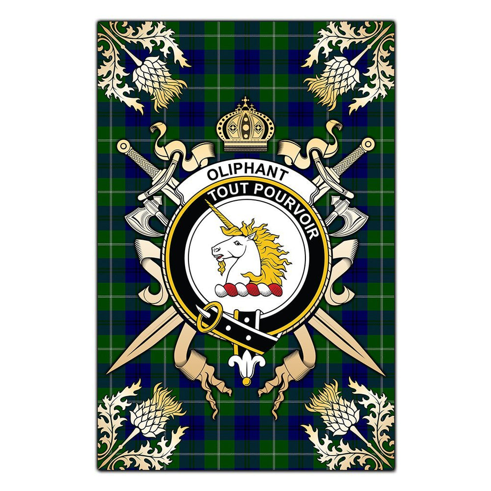 Clan Oliphant Modern Tartan Crest Black Garden Flag  - Gold Thistle  JP33 Clan Oliphant Tartan Today   