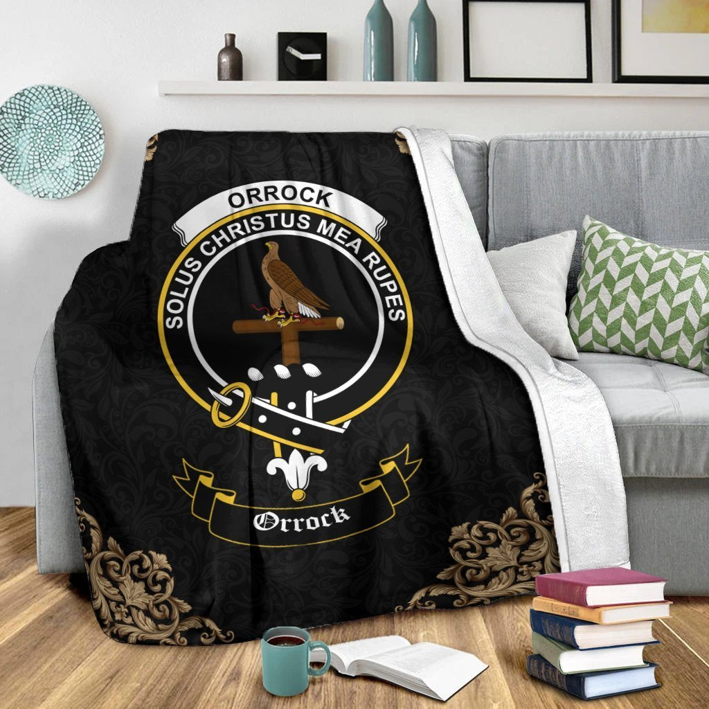 Clan Orrock Crest Tartan Premium Blanket Black UV51 Clan Orrock Tartan Today   
