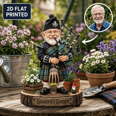 Personalized Paisley District Clan Bagpipe Garden Gnome Caricature Plaque Custom Photo, Any Clan Tartan, Wood or Acrylic, Grandpa & Dad Gift, Scottish Highland Garden Decor DZ80
