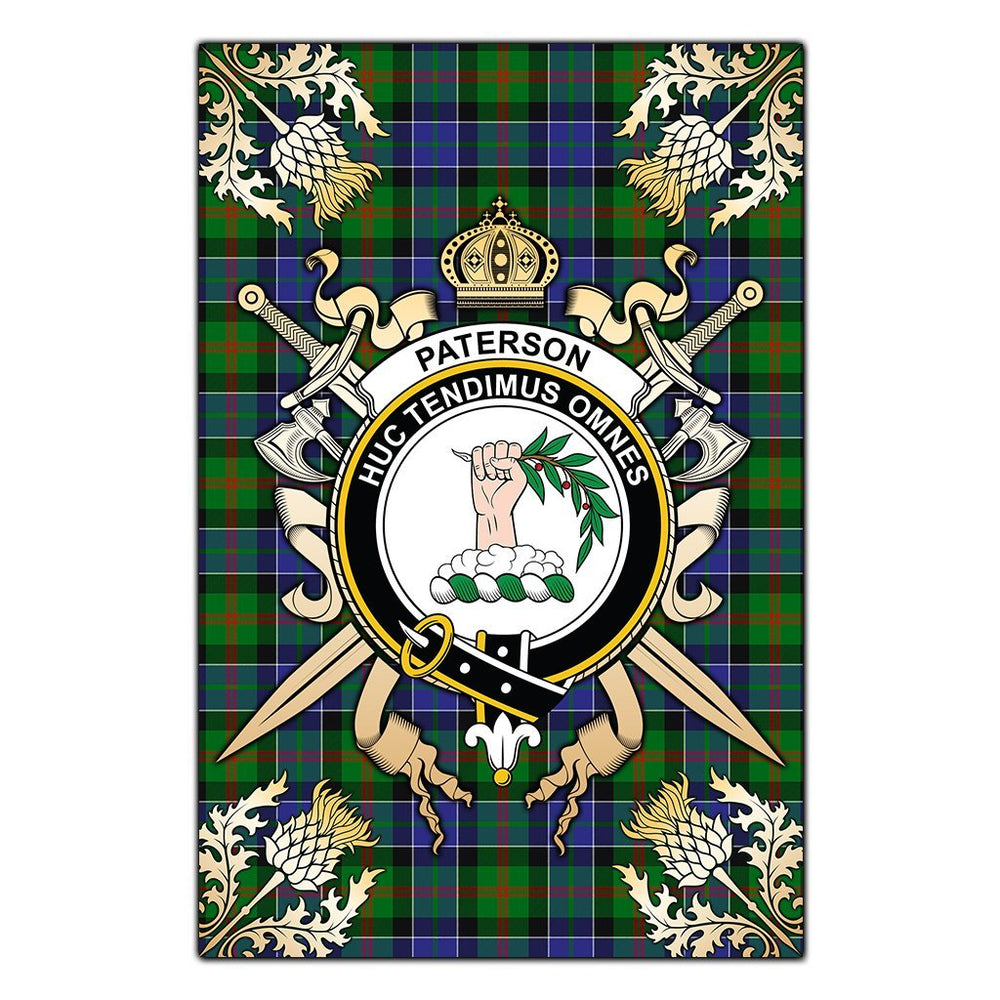 Clan Paterson Tartan Crest Black Garden Flag  - Gold Thistle  YY82 Clan Paterson Tartan Today   