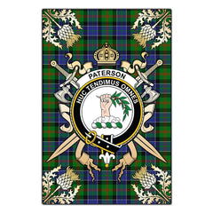 Clan Paterson Tartan Crest Black Garden Flag  - Gold Thistle  YY82 Clan Paterson Tartan Today   