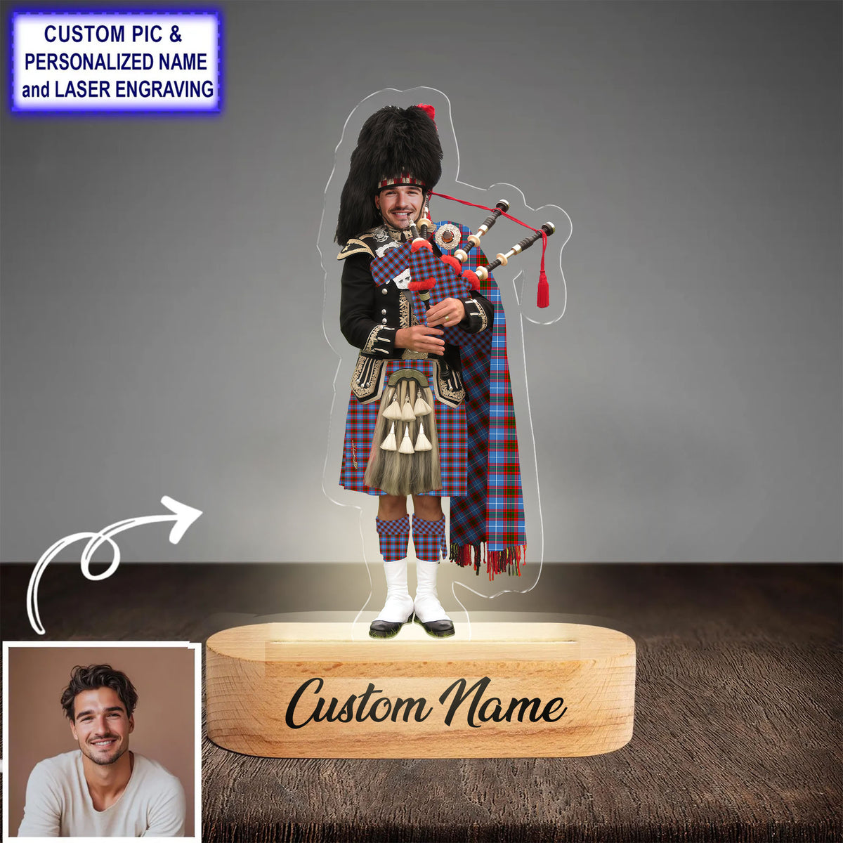 Custom Bagpipe Pennycook (Edinburgh) Tartan LED Night Light - Personalized Scottish Bagpiper Figurine with Wooden Stand