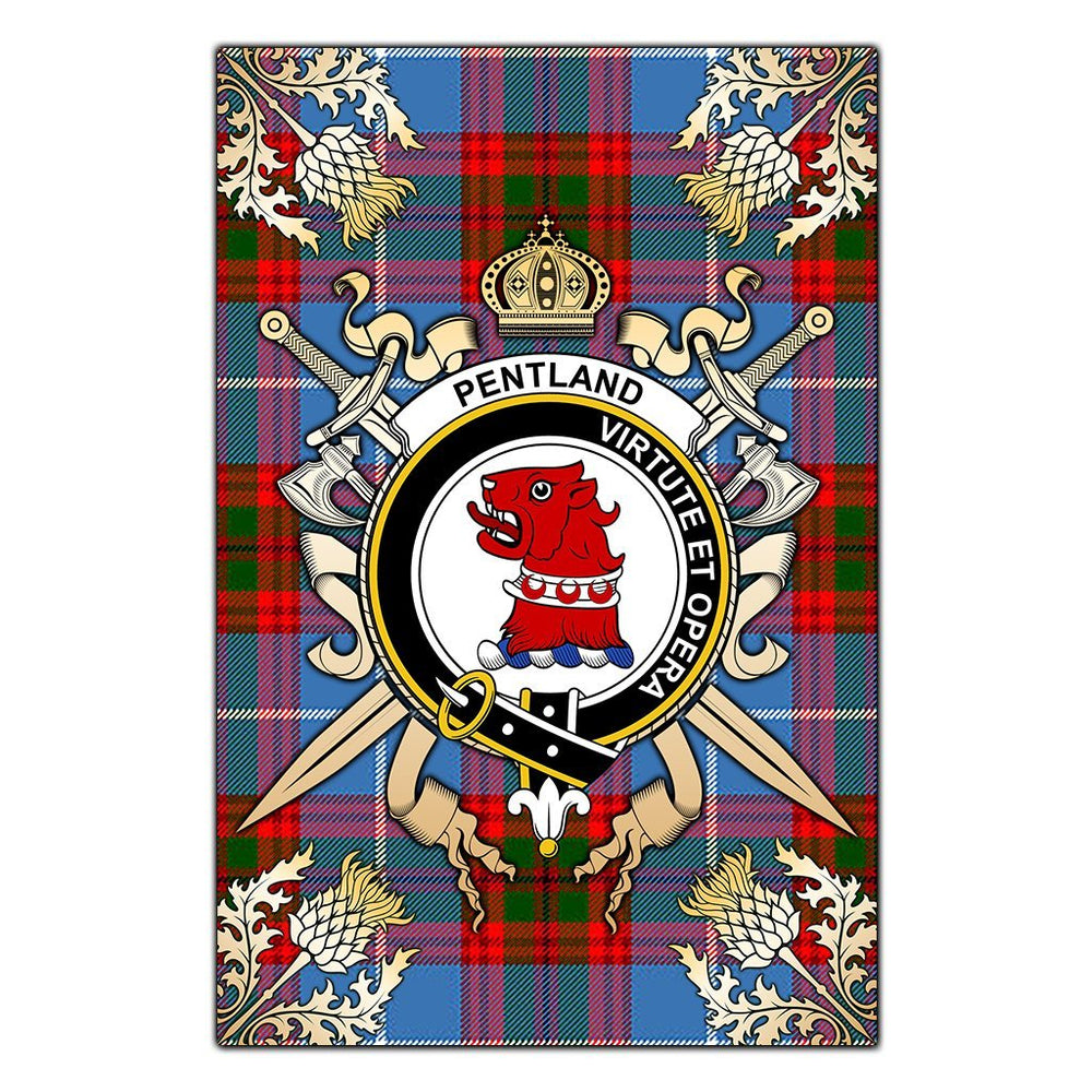 Clan Pentland Tartan Crest Black Garden Flag  - Gold Thistle  KS66 Clan Pentland Tartan Today   