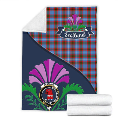 Clan Pentland Tartan Crest Premium Blanket Thistle Style