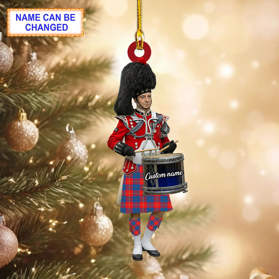 Personalized Clan Galloway Red Tartan Drummer Ornament with Custom Name – Scottish Christmas Tree Decoration