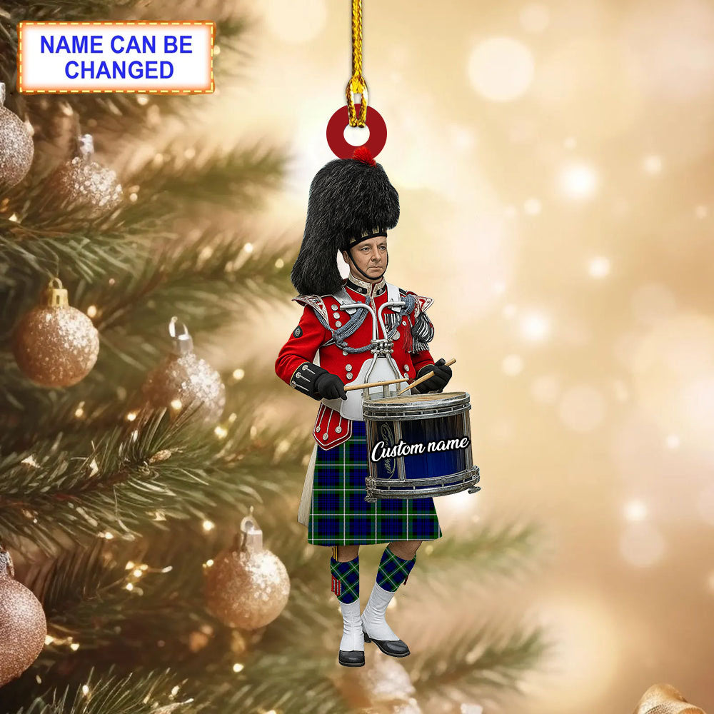 Personalized Clan Lamont Modern Tartan Drummer Ornament with Custom Name – Scottish Christmas Tree Decoration