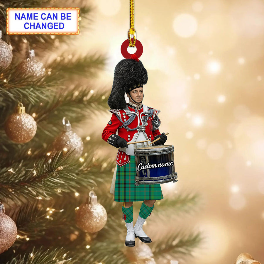 Personalized Clan Ross Hunting Ancient Tartan Drummer Ornament with Custom Name – Scottish Christmas Tree Decoration