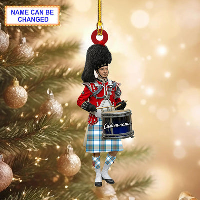 Personalized Clan Stewart Muted Blue Tartan Drummer Ornament with Custom Name – Scottish Christmas Tree Decoration