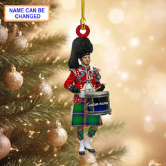 Personalized Clan Young Modern Tartan Drummer Ornament with Custom Name – Scottish Christmas Tree Decoration