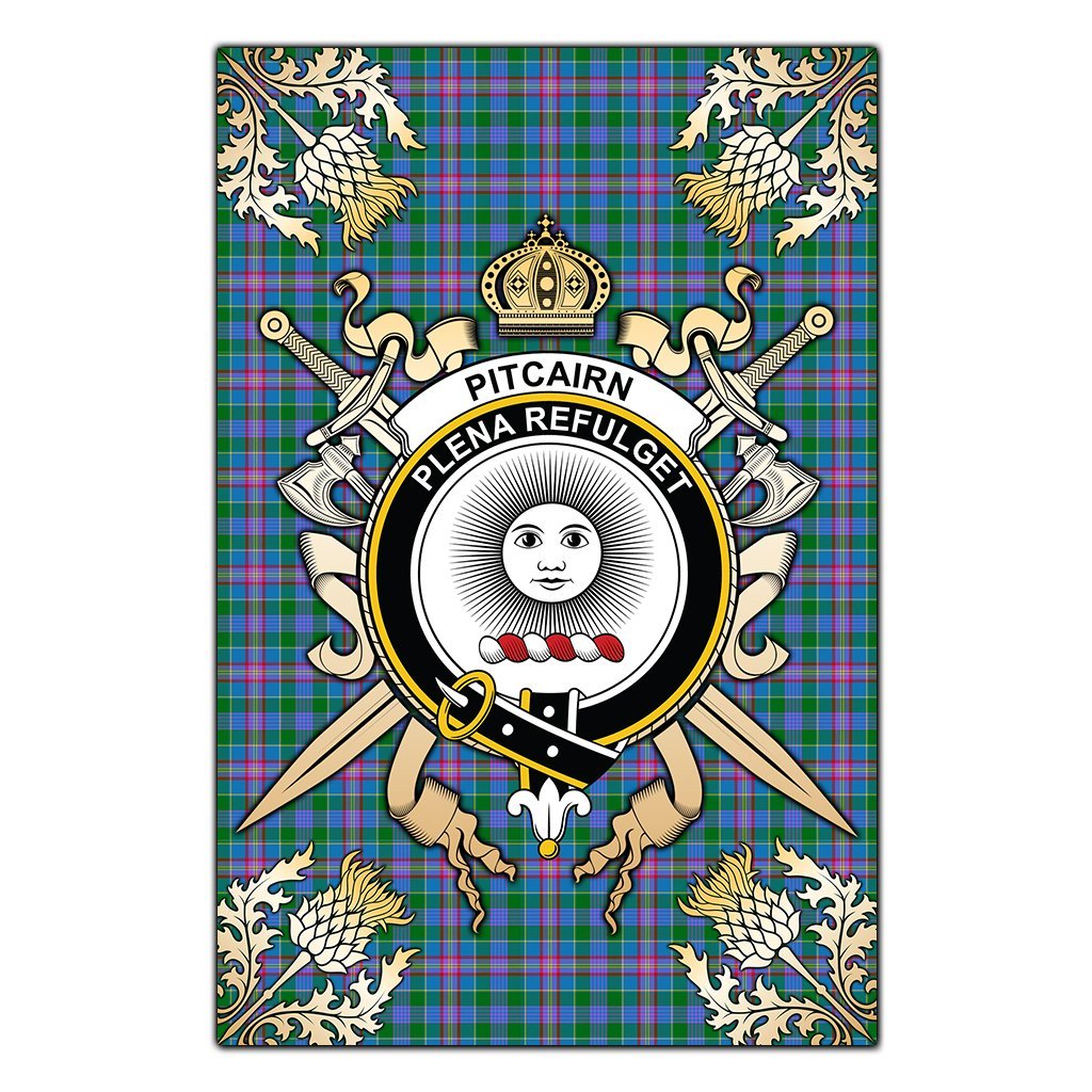 Clan Pitcairn Hunting Tartan Crest Black Garden Flag  - Gold Thistle  MU13 Clan Pitcairn Tartan Today   