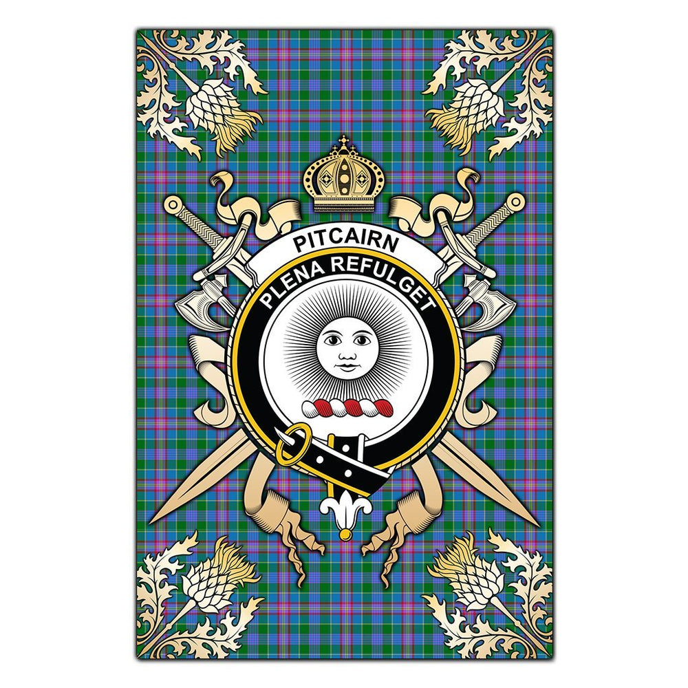 Clan Pitcairn Hunting Tartan Crest Black Garden Flag  - Gold Thistle  MU13 Clan Pitcairn Tartan Today   