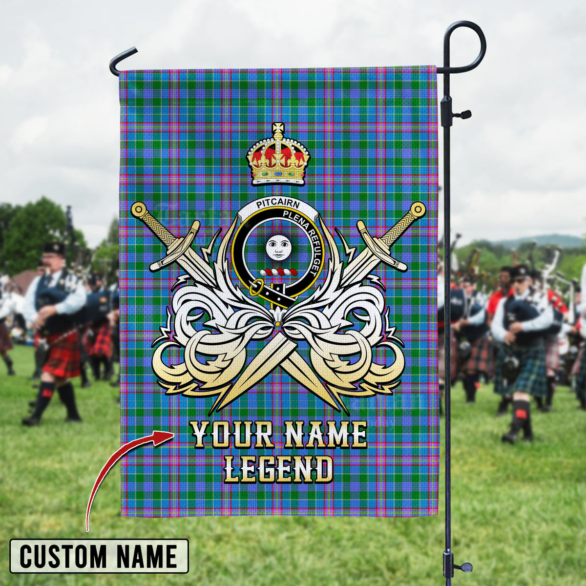 Personalized Custom Name Clan Pitcairn Hunting Tartan Garden Flag with Clan Crest and the Golden Sword of Courageous Legacy XE48 - Pitcairn Hunting Tartan Design, Scottish Heritage Gift