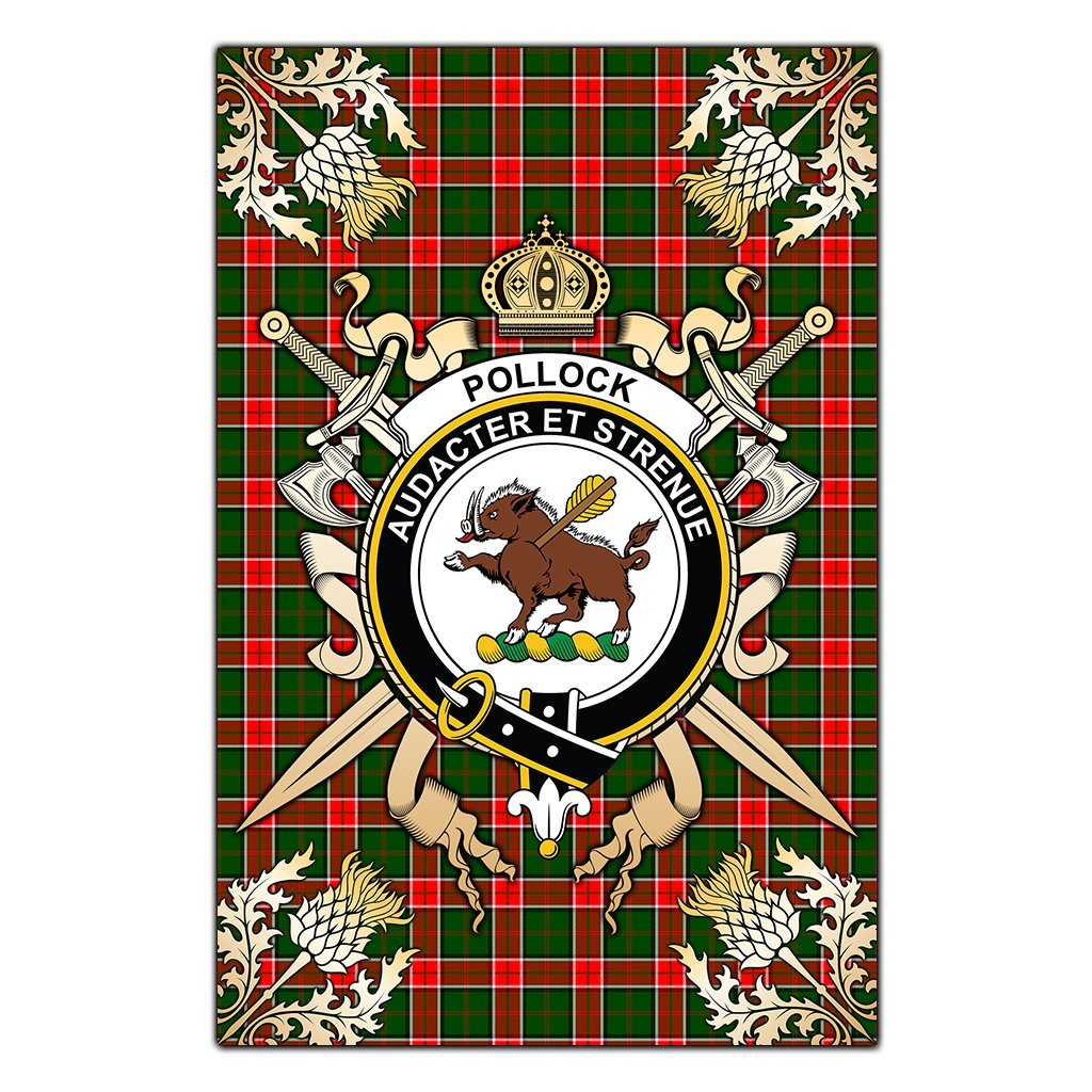 Clan Pollock Modern Tartan Crest Black Garden Flag  - Gold Thistle  EX42 Clan Pollock Tartan Today   