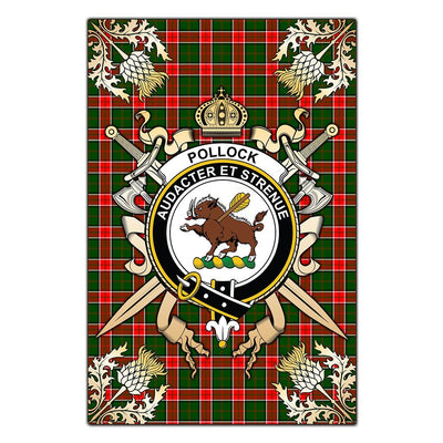 Clan Pollock Modern Tartan Crest Black Garden Flag - Gold Thistle