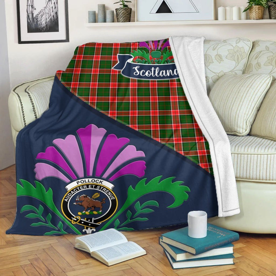 Clan Pollock Tartan Crest Premium Blanket Thistle Style