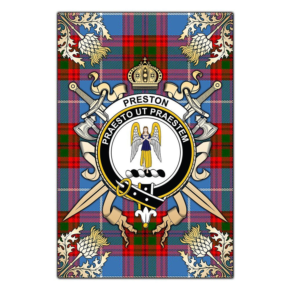 Clan Preston Tartan Crest Black Garden Flag  - Gold Thistle  LJ60 Clan Preston Tartan Today   