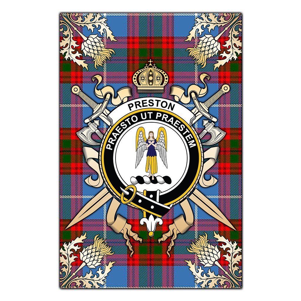 Clan Preston Tartan Crest Black Garden Flag  - Gold Thistle  LJ60 Clan Preston Tartan Today   