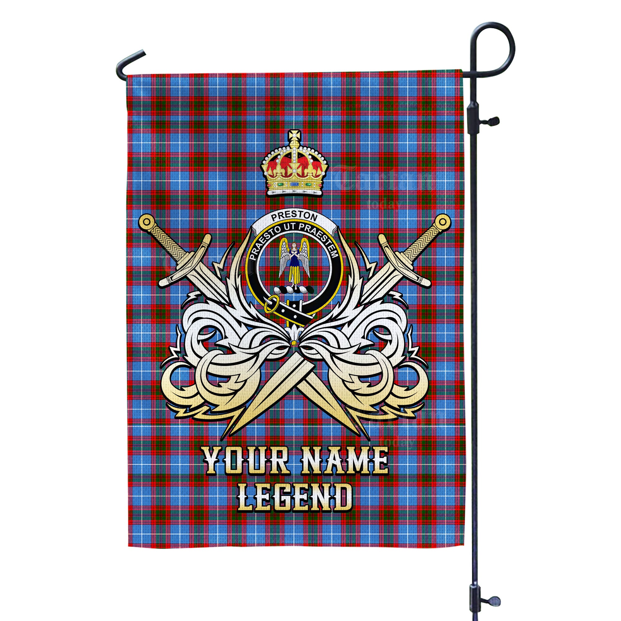 Custom Name Clan Preston (Edinburgh) Tartan Garden Flag with Clan Crest and the Golden Sword of Courageous Legacy PB70