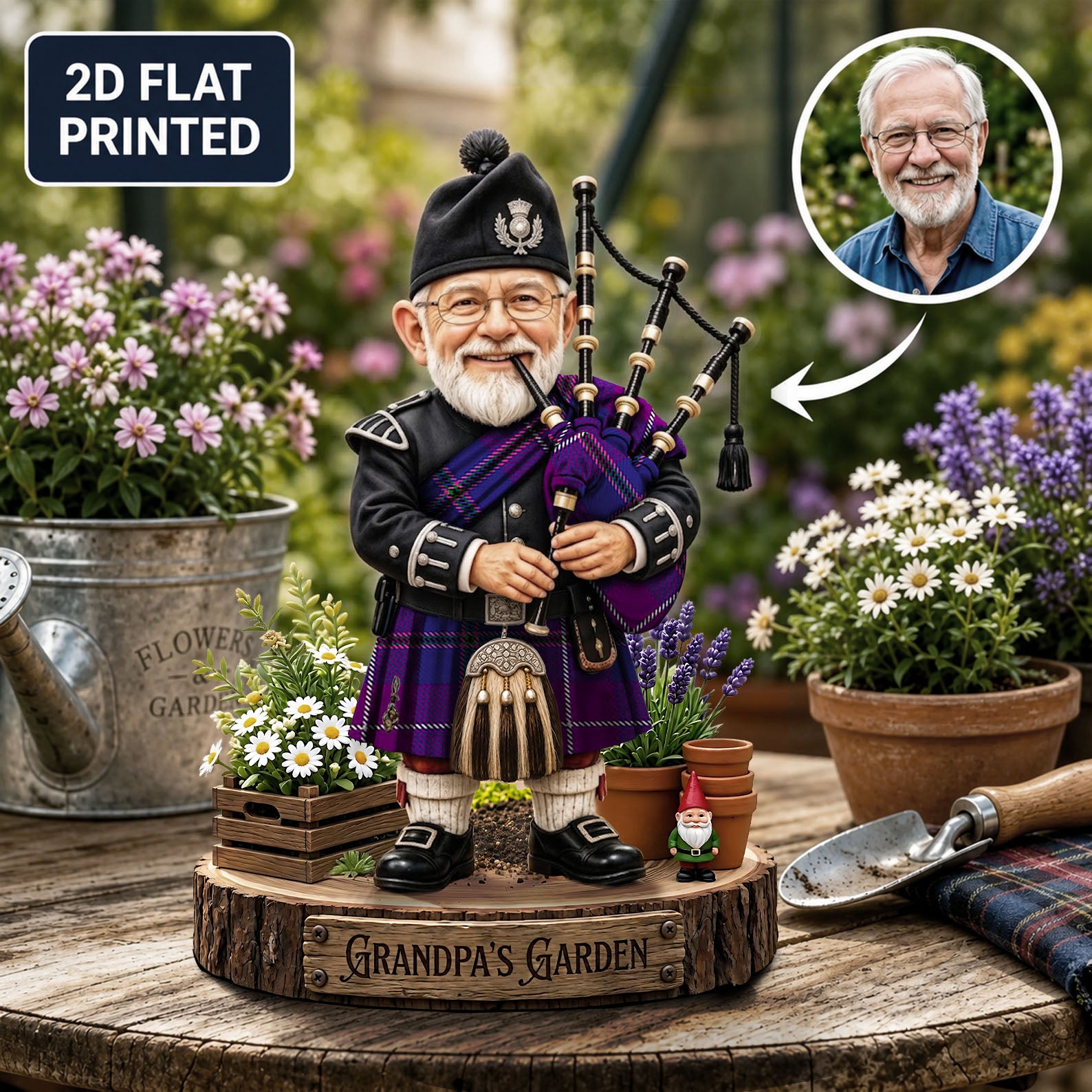 Personalized Pride of Glencoe Clan Bagpipe Garden Gnome Caricature Plaque Custom Photo, Any Clan Tartan, Wood or Acrylic, Grandpa & Dad Gift, Scottish Highland Garden Decor XT21