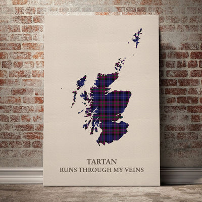 Clan Pride of Scotland Tartan Scotland Map Canvas “Tartan Runs Through My Veins” Wall Art HM29