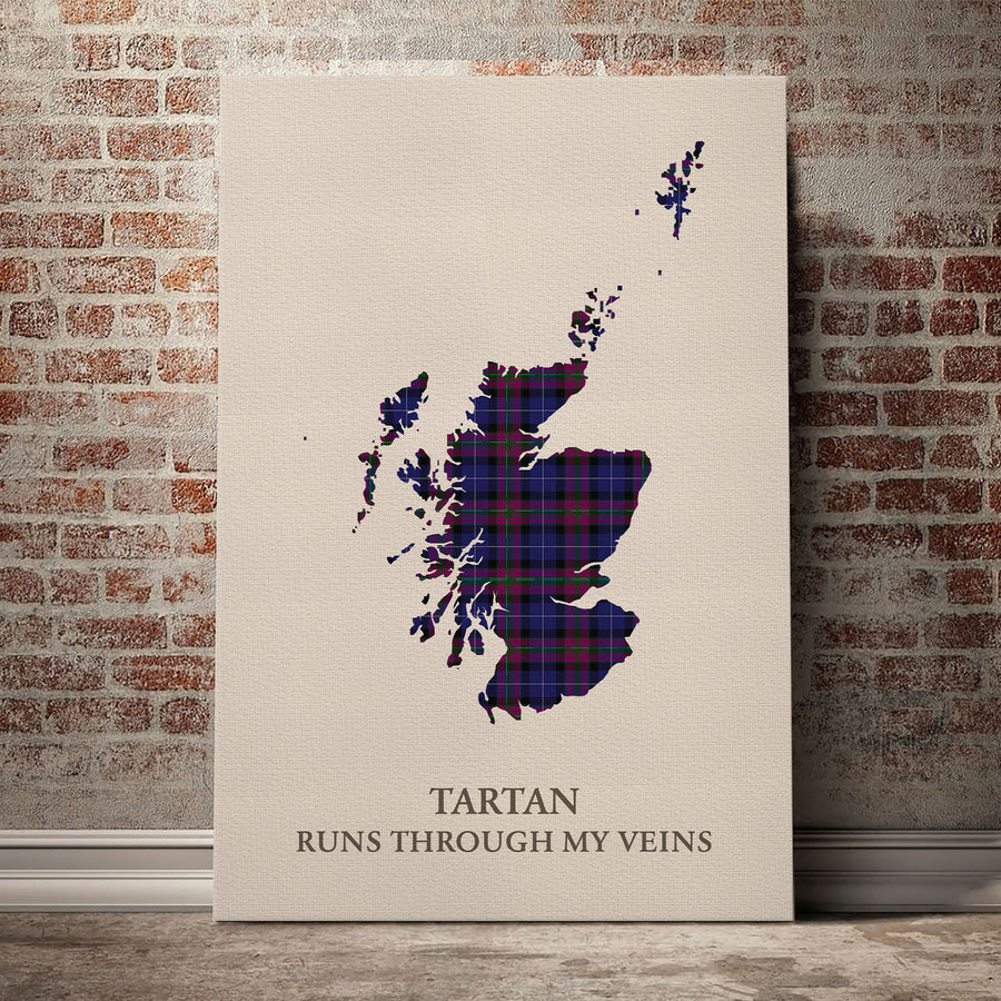 Pride of Scotland Tartan Scotland Map Canvas – “Tartan Runs Through My Veins” Wall Art
