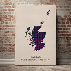Pride of Scotland Tartan Scotland Map Canvas – “Tartan Runs Through My Veins” Wall Art