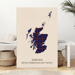 Clan Pride of Scotland Tartan Scotland Map Canvas “Tartan Runs Through My Veins” Wall Art HM29