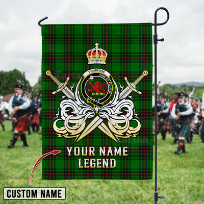 Custom Name Clan Primrose (Fife) Tartan Garden Flag with Clan Crest and the Golden Sword of Courageous Legacy