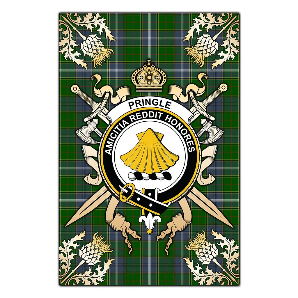 Clan Pringle Tartan Crest Black Garden Flag  - Gold Thistle  DJ41 Clan Pringle Tartan Today   