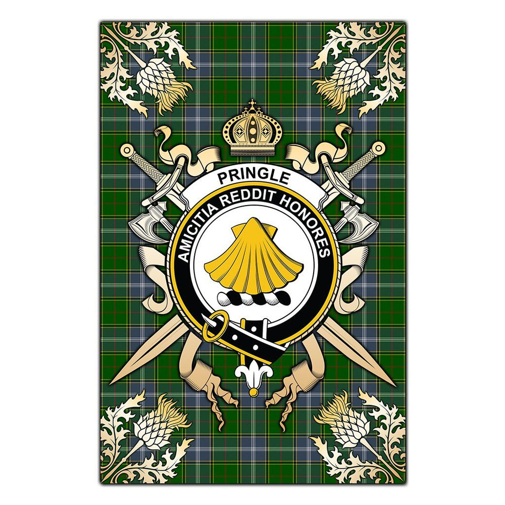 Clan Pringle Tartan Crest Black Garden Flag  - Gold Thistle  DJ41 Clan Pringle Tartan Today   