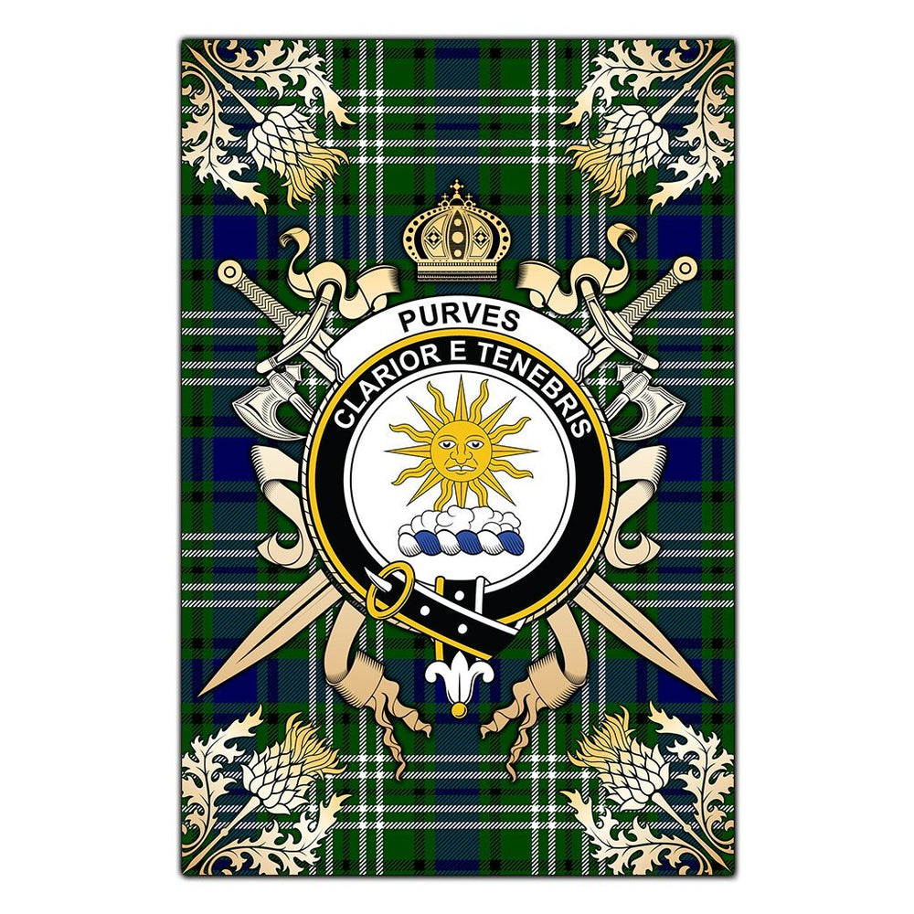 Clan Purves Tartan Crest Black Garden Flag  - Gold Thistle  WO28 Clan Purves Tartan Today   