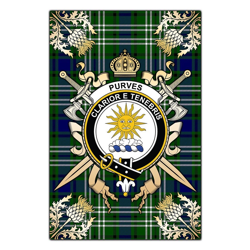 Clan Purves Tartan Crest Black Garden Flag  - Gold Thistle  WO28 Clan Purves Tartan Today   