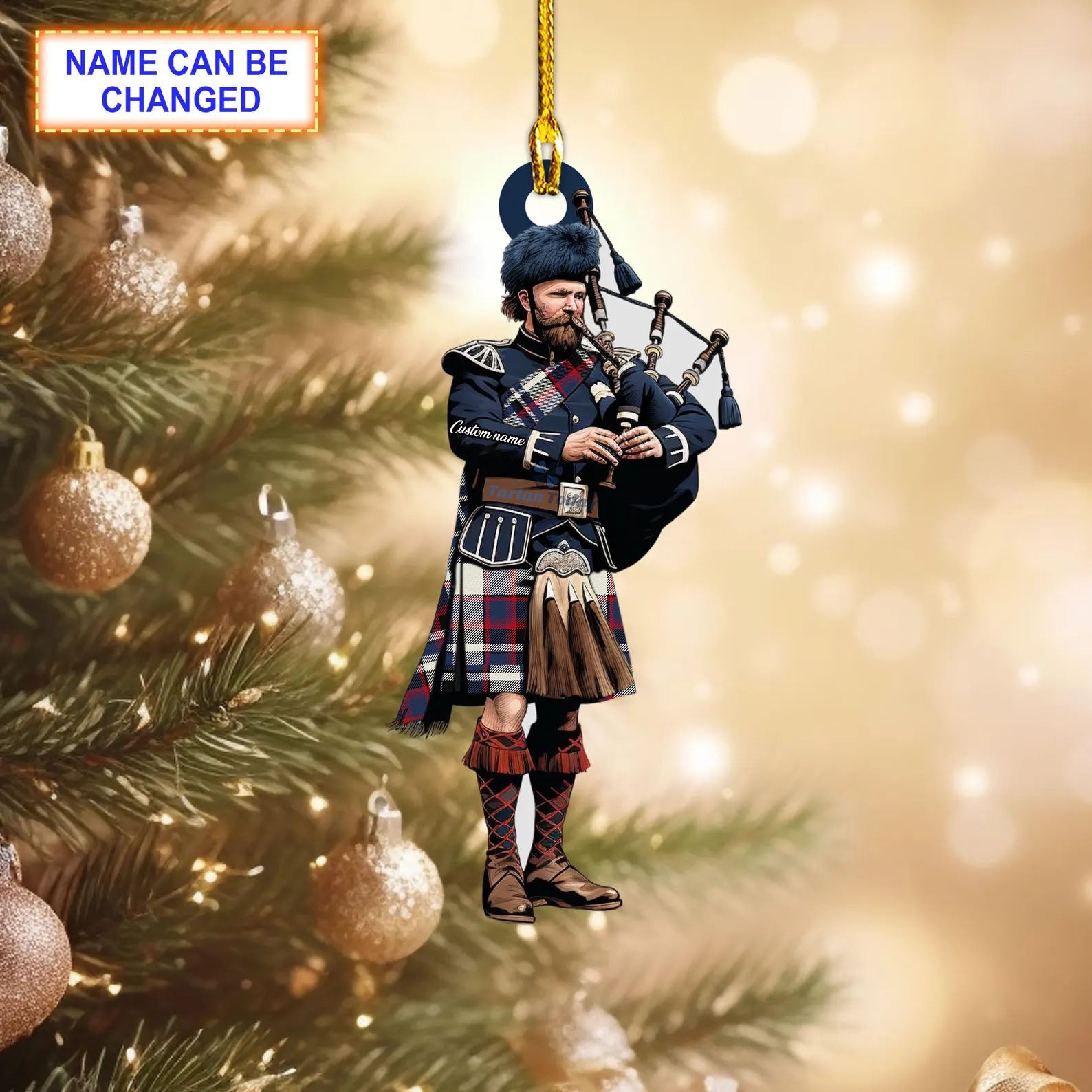 Quebec Centennial Modern Tartan Bagpipe Ornament with Custom Name