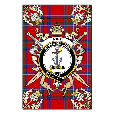Clan Rait Tartan Crest Black Garden Flag - Gold Thistle