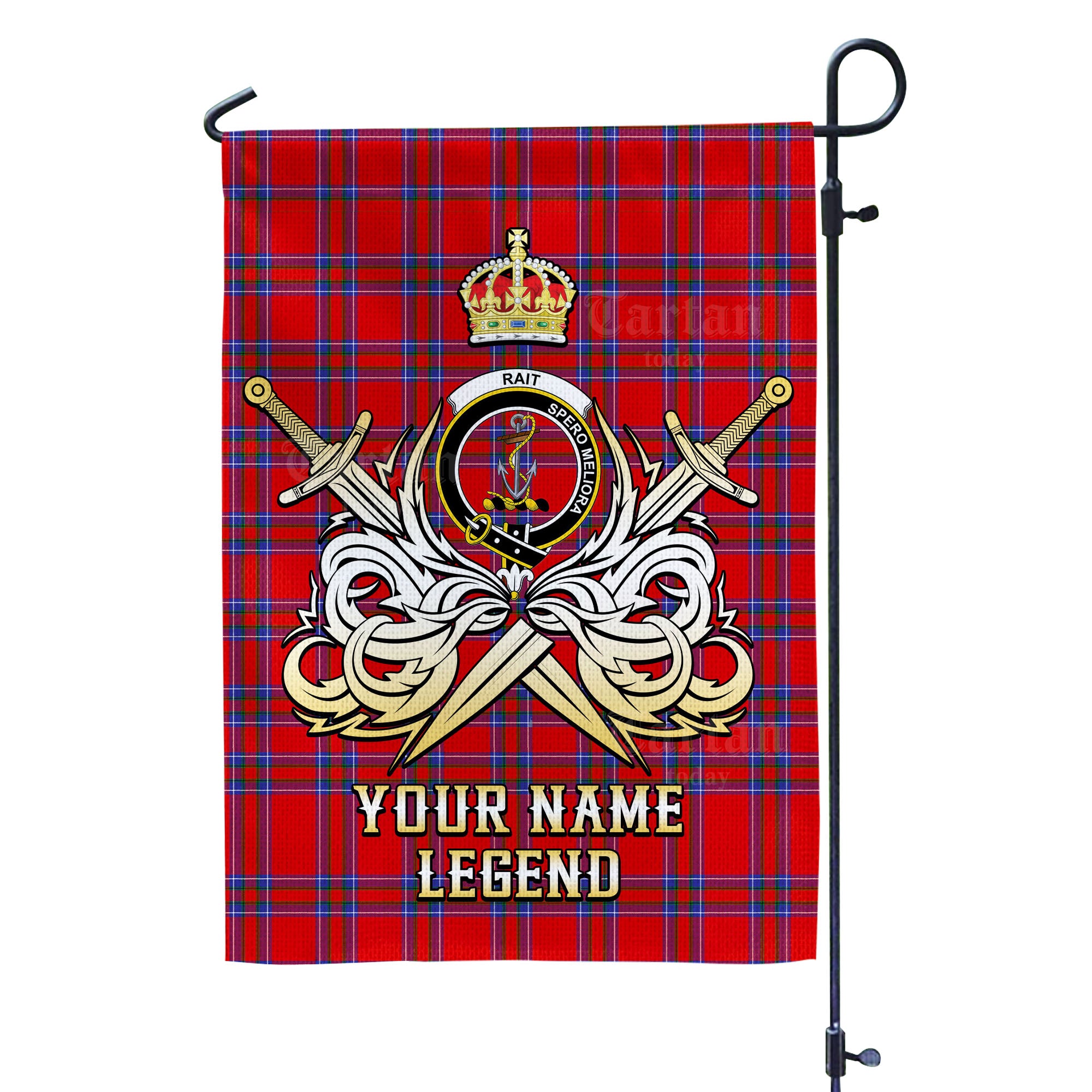 Custom Name Clan Rait Inverness Tartan Garden Flag with Clan Crest and the Golden Sword of Courageous Legacy KA69
