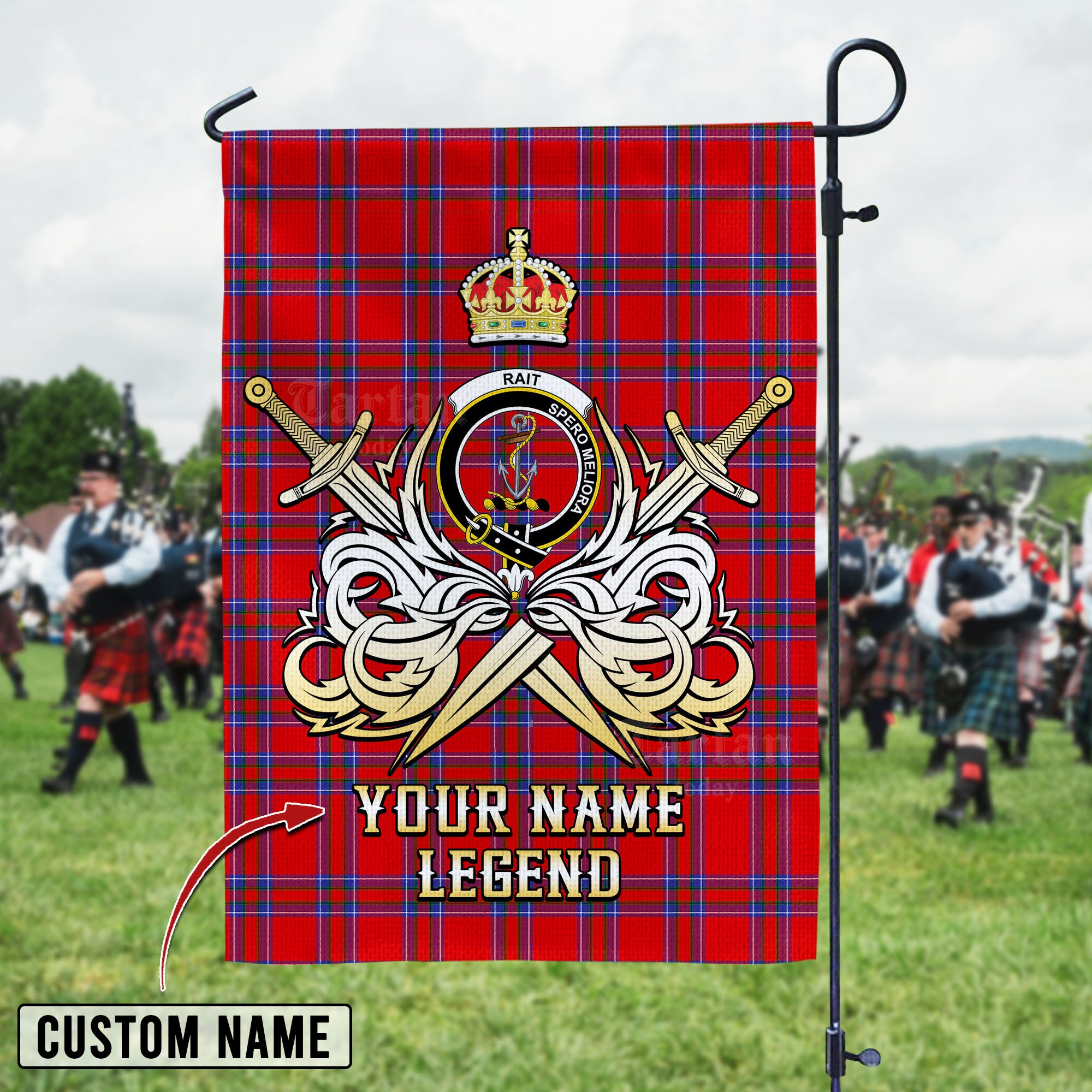 Personalized Custom Name Clan Rait Inverness Tartan Garden Flag with Clan Crest and the Golden Sword of Courageous Legacy KA69 - Rait Inverness Tartan Design, Scottish Heritage Gift