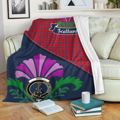 Clan Rait Tartan Crest Premium Blanket Thistle Style