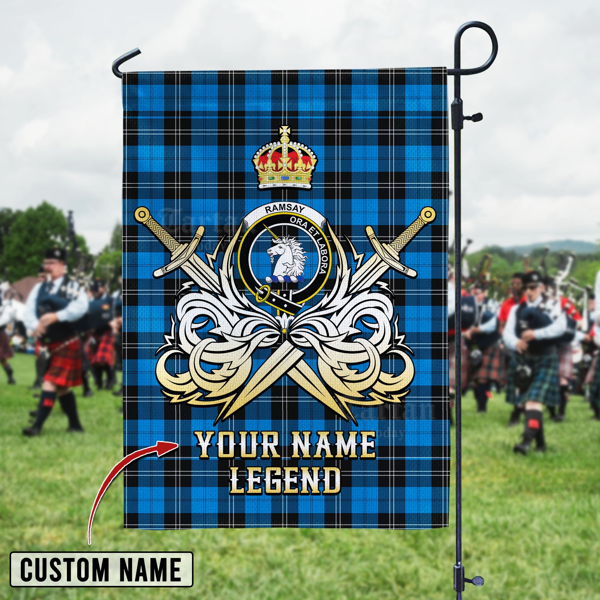Personalized Custom Name Clan Ramsay Blue Ancient Tartan Garden Flag with Clan Crest and the Golden Sword of Courageous Legacy GM87 - Ramsay Blue Ancient Tartan Design, Scottish Heritage Gift