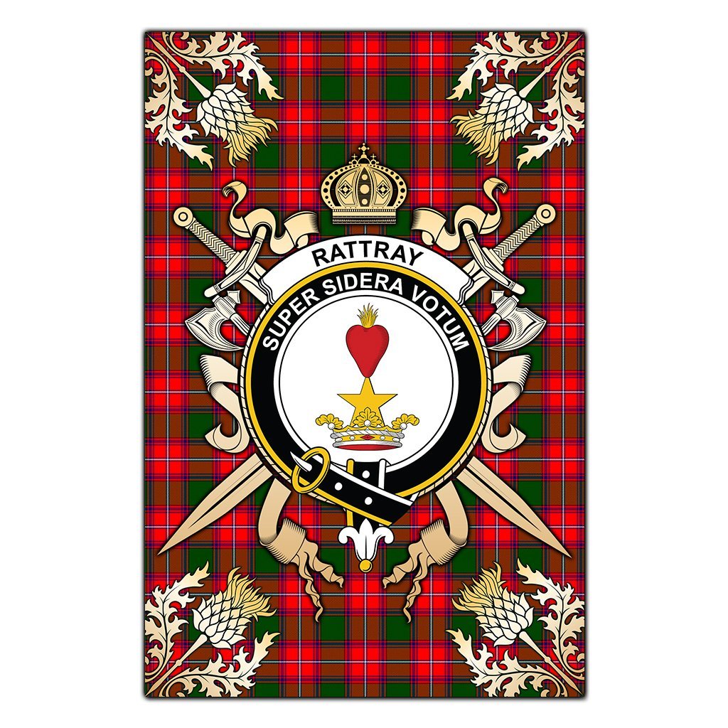 Clan Rattray Modern Tartan Crest Black Garden Flag  - Gold Thistle  FU49 Clan Rattray Tartan Today   