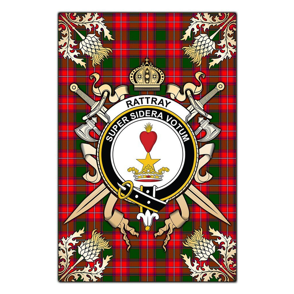Clan Rattray Modern Tartan Crest Black Garden Flag  - Gold Thistle  FU49 Clan Rattray Tartan Today   