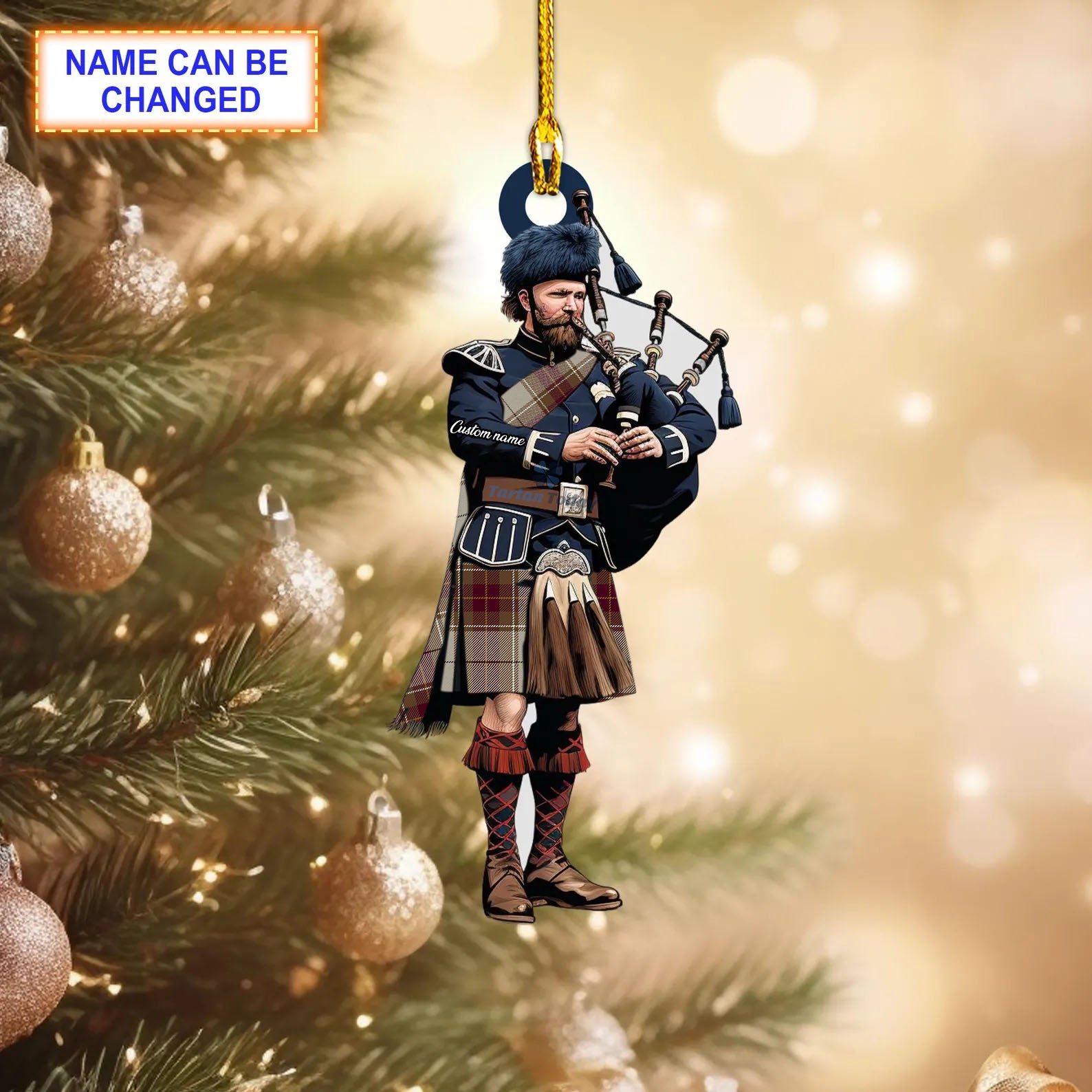 Red Rum Reproduction Tartan Bagpipe Ornament with Custom Name