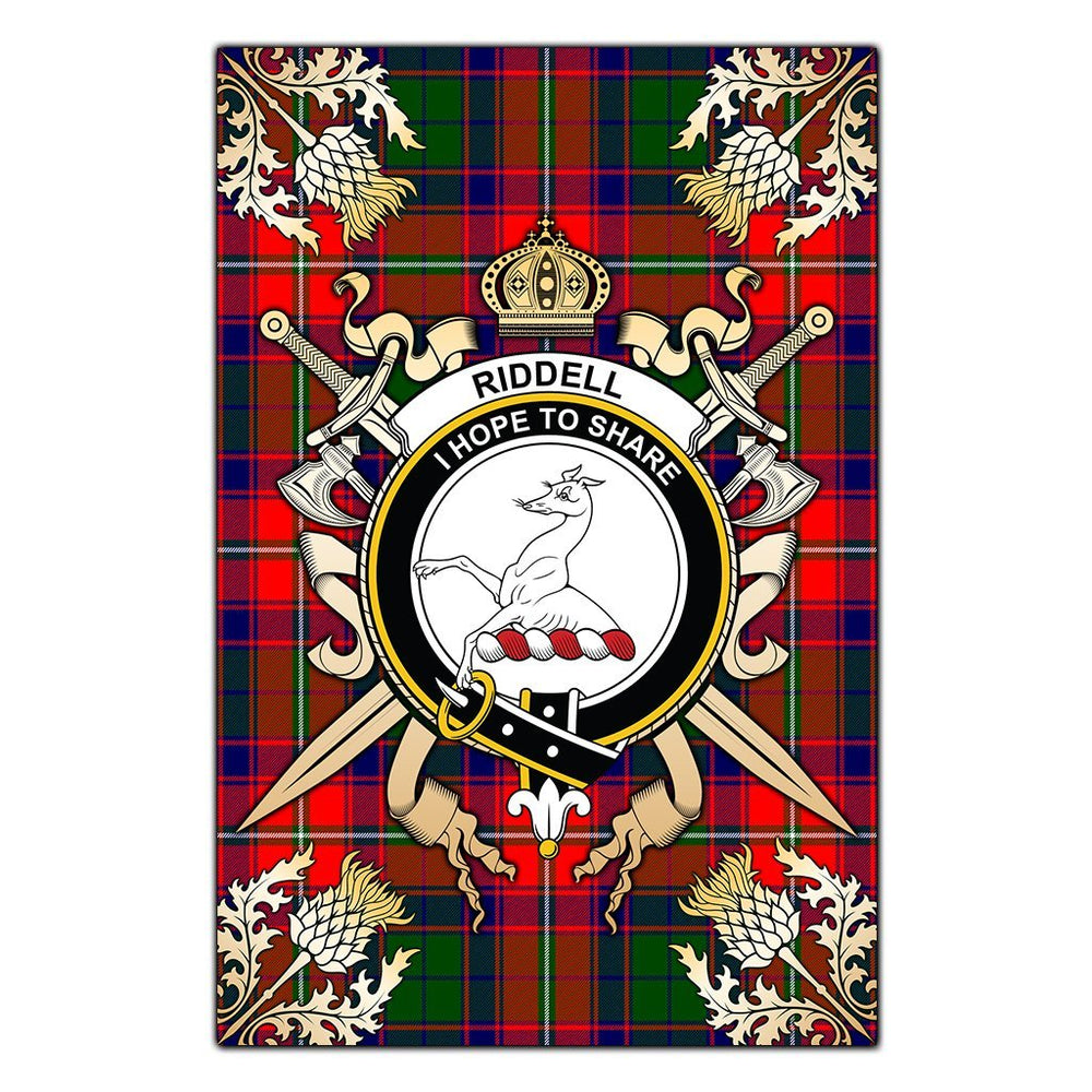 Clan Riddell Tartan Crest Black Garden Flag  - Gold Thistle  WK11 Clan Riddell Tartan Today   