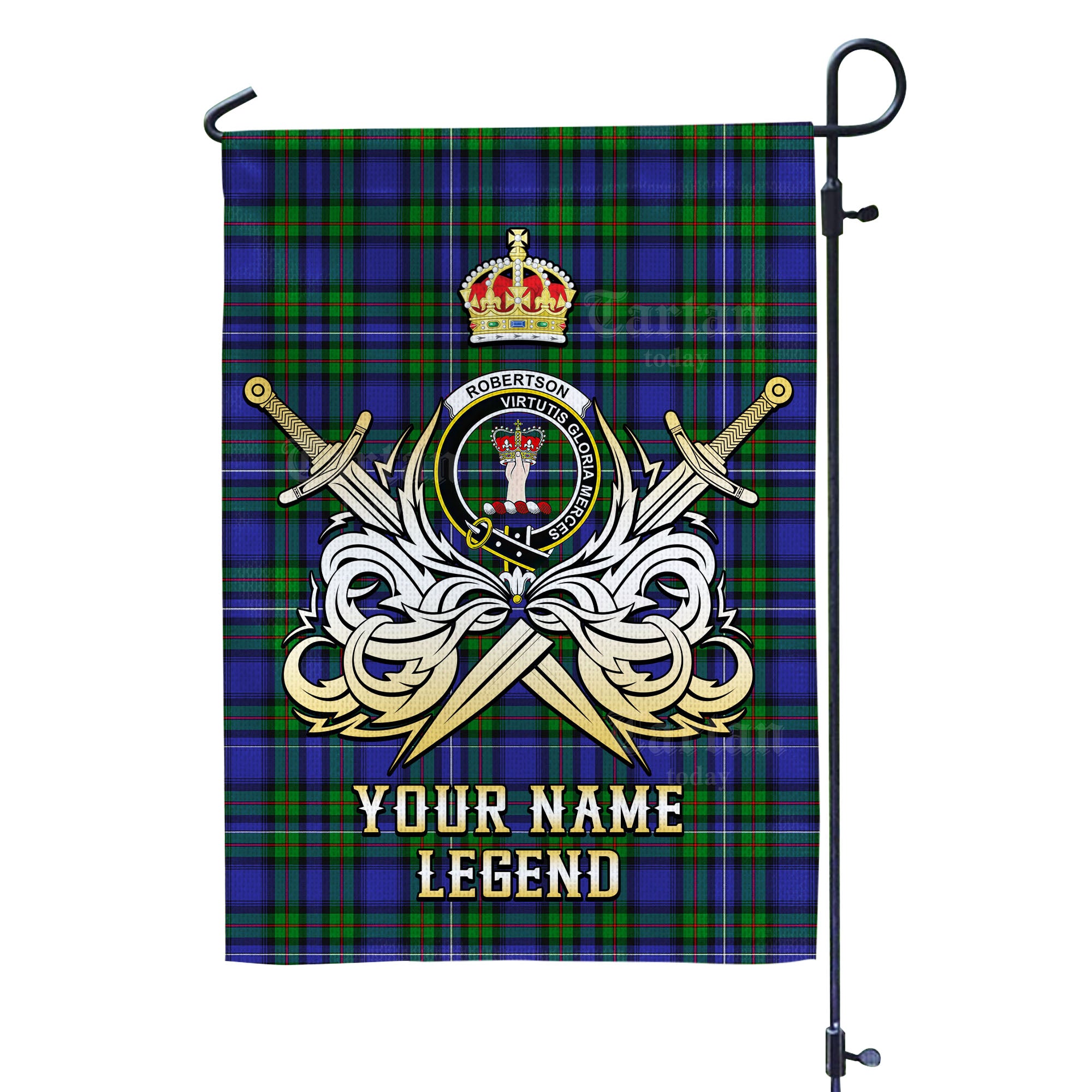 Custom Name Clan Robertson Hunting Modern Tartan Garden Flag with Clan Crest and the Golden Sword of Courageous Legacy ZB36