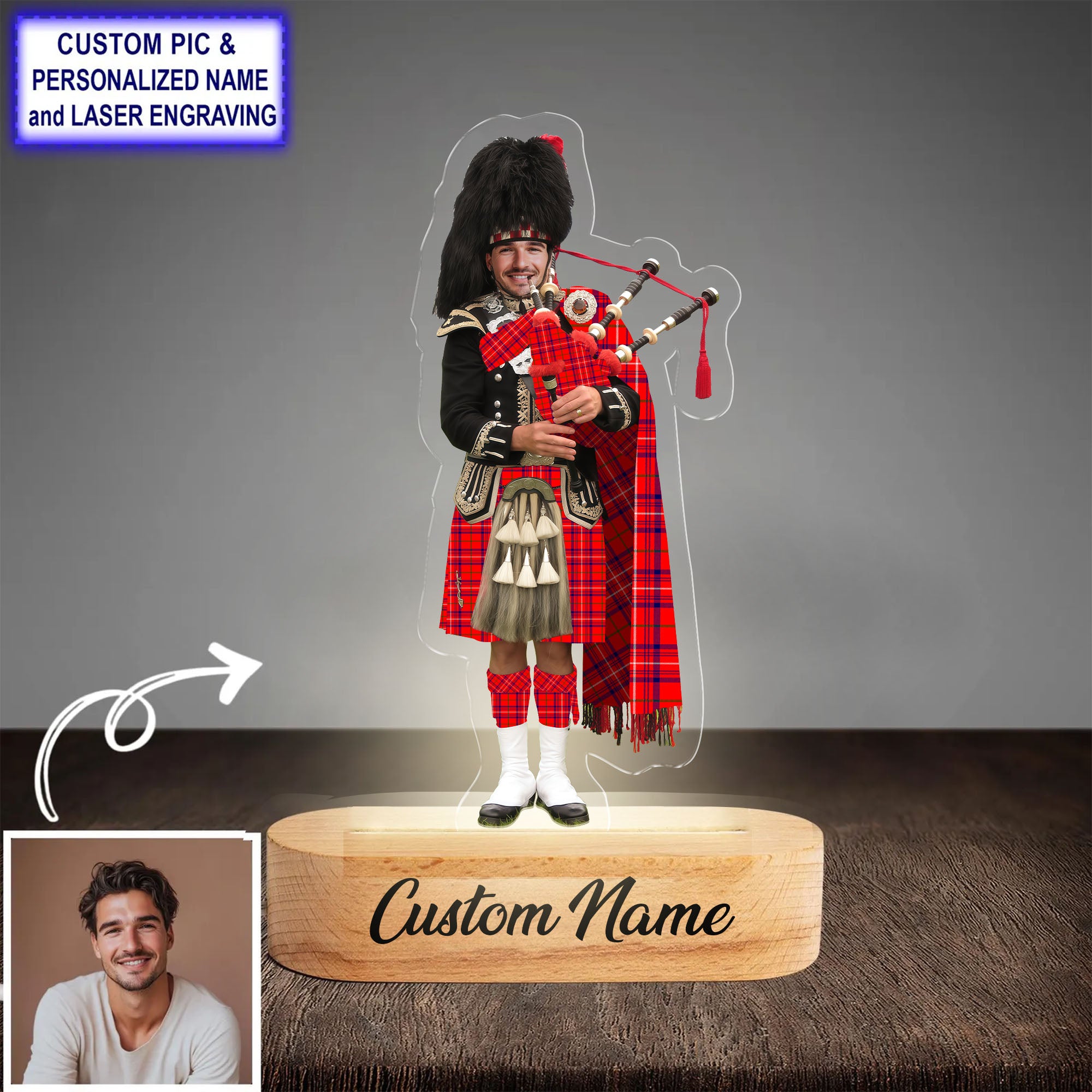 Custom Bagpipe Rose Tartan LED Night Light - Personalized Scottish Bagpiper Figurine with Wooden Stand